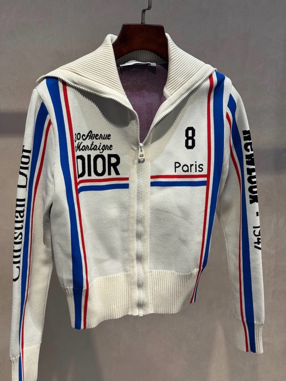 Dior White Knit Zip Jacket with Red & Blue Stripes